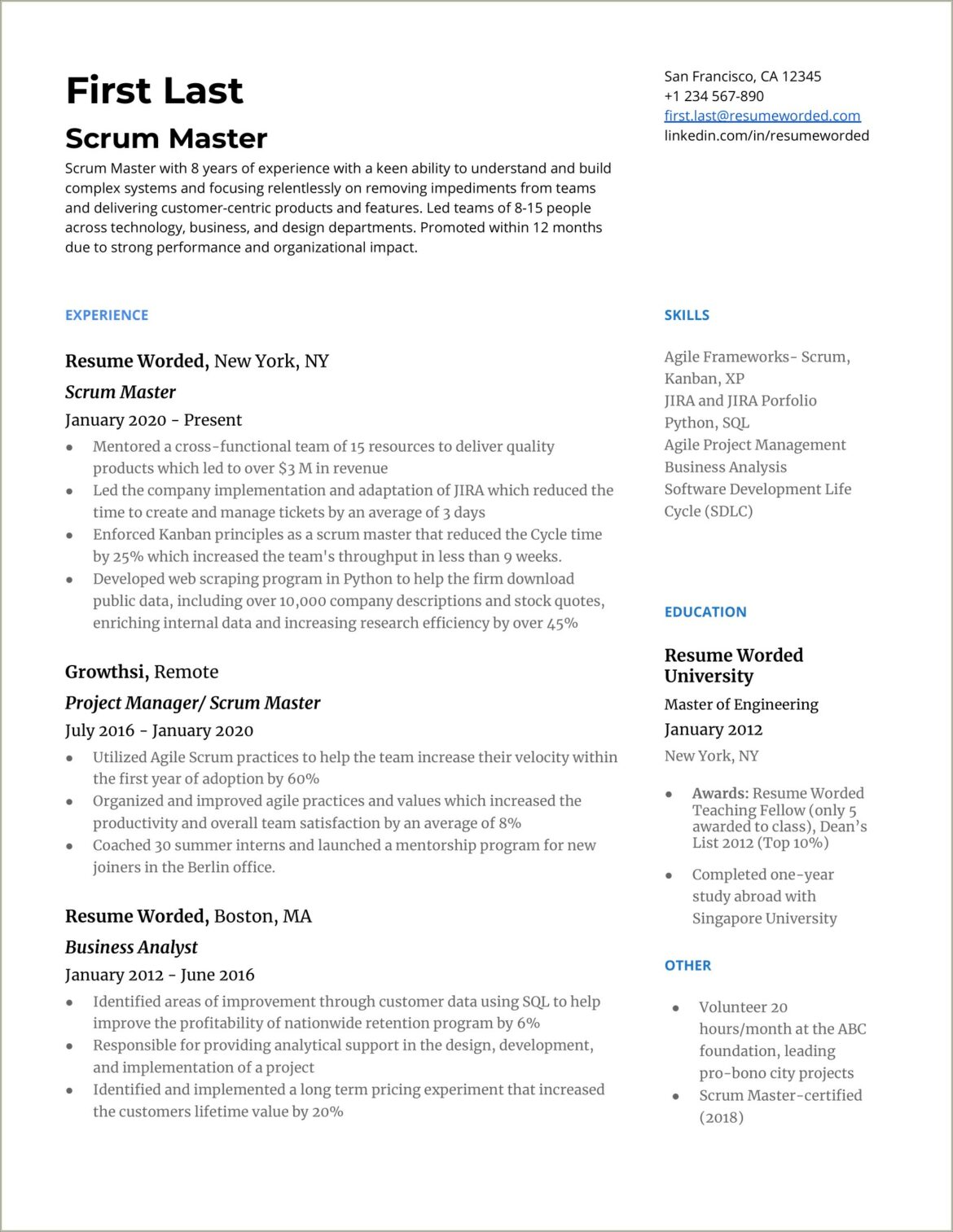 Entry Level Scrum Master Resume Samples