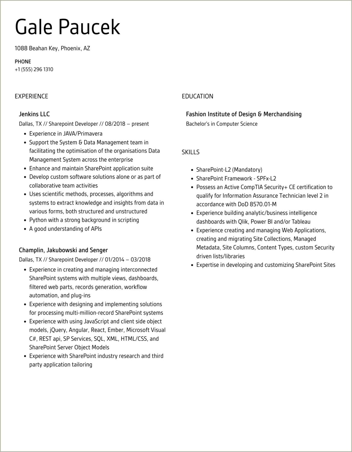 Entry Level Sharepoint Developer Sample Resume