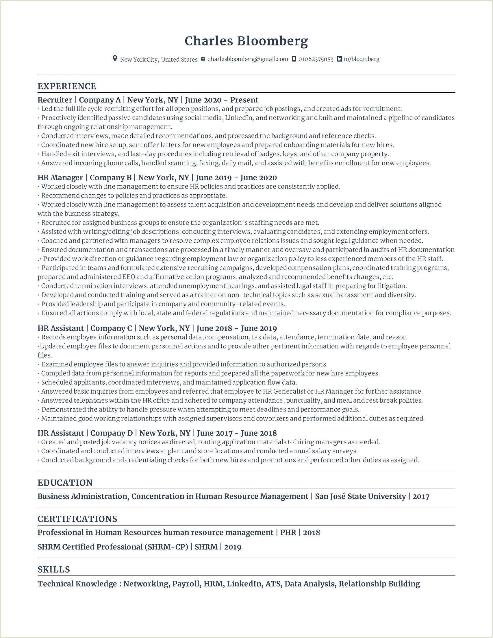 Entry Level Staffing Recruiter Resume Sample