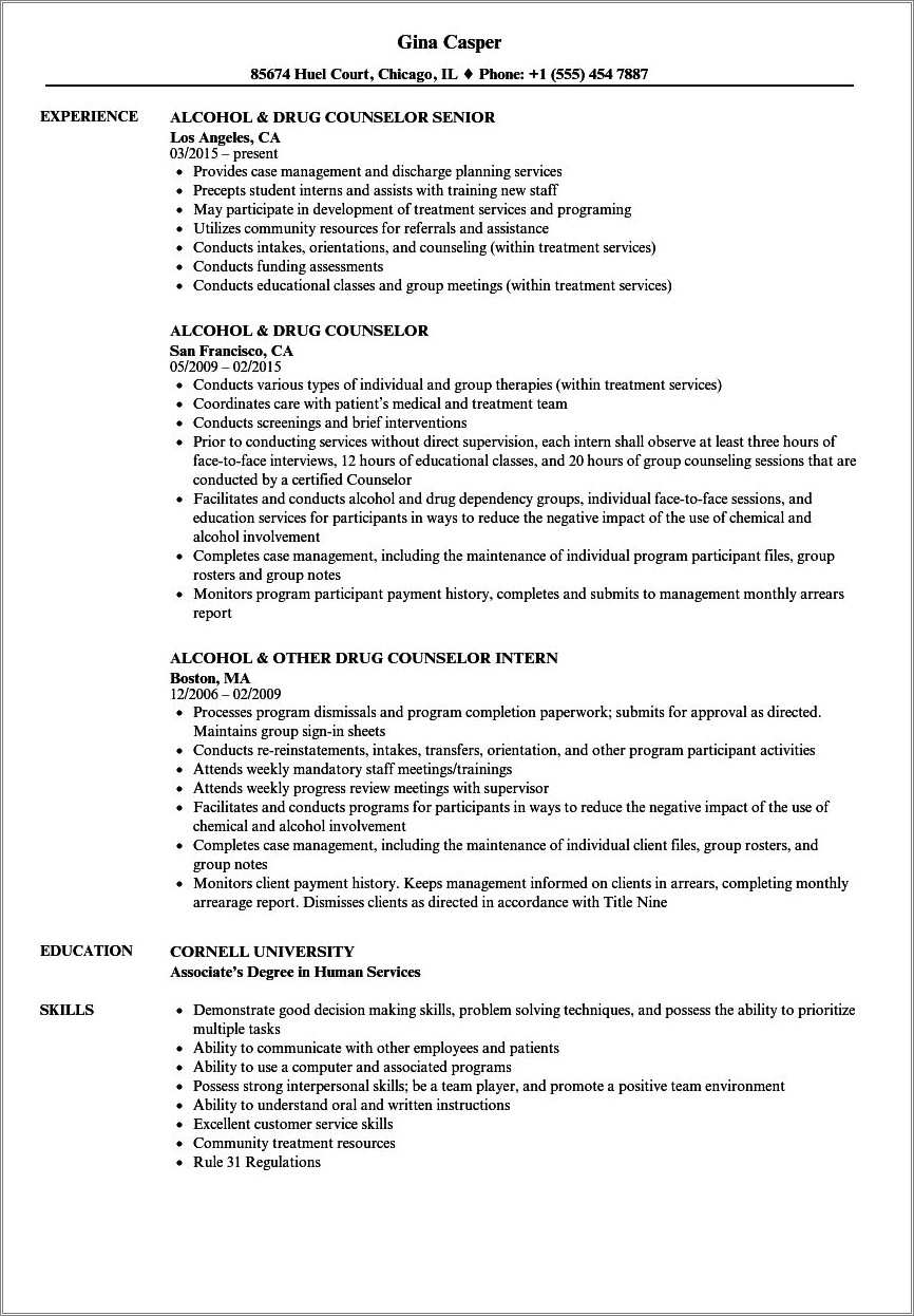 Entry Level Substance Abuse Counselor Resume Sample
