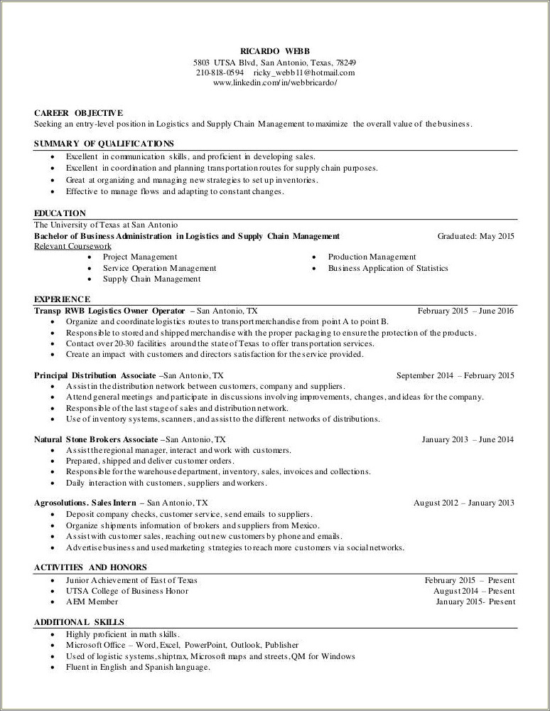 Entry Level Supply Chain Resume Objective