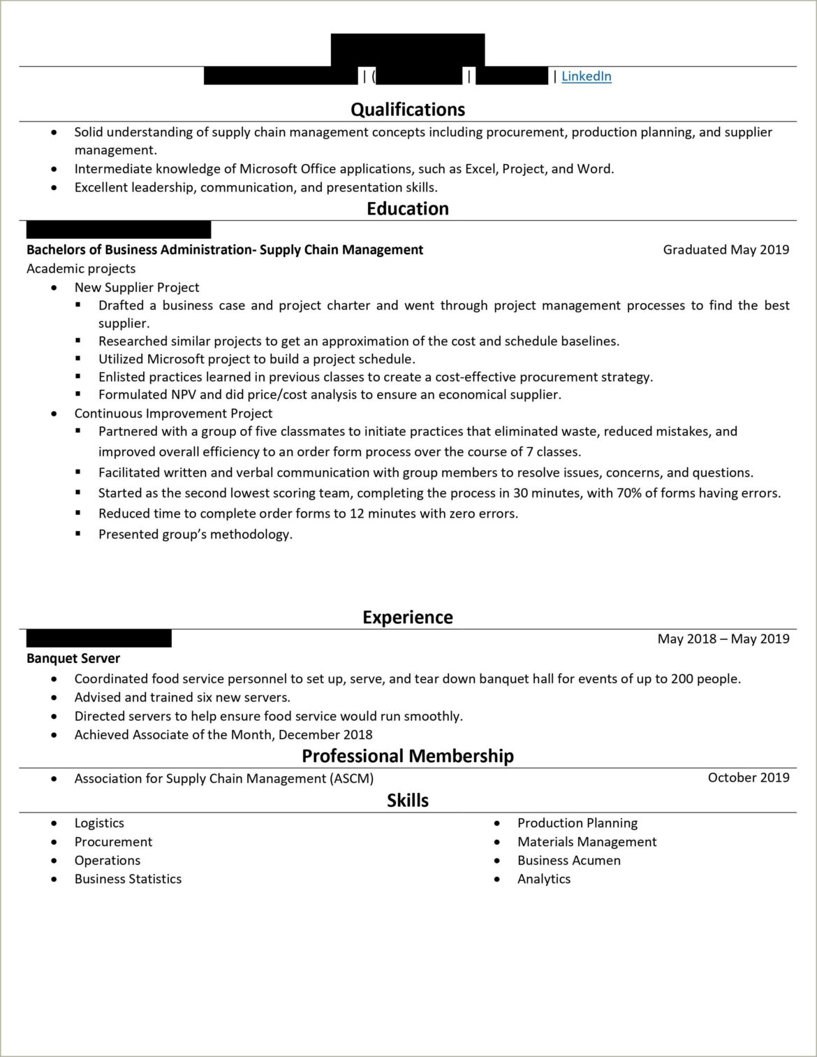 Entry Level Supply Chain Resume Summary