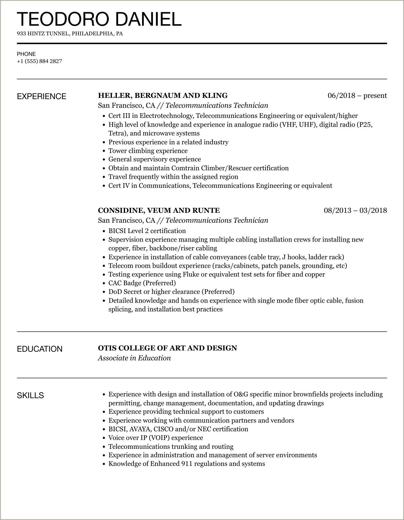 Entry Level Telecommunications Technician Resume Samples