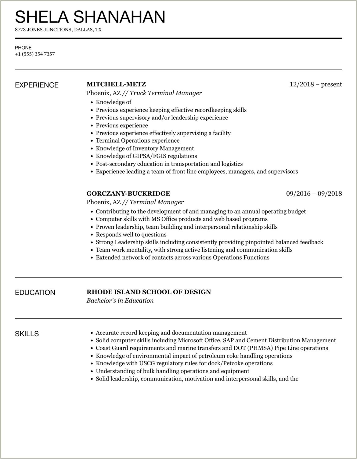 Entry Level Terminal Operator Resume Sample