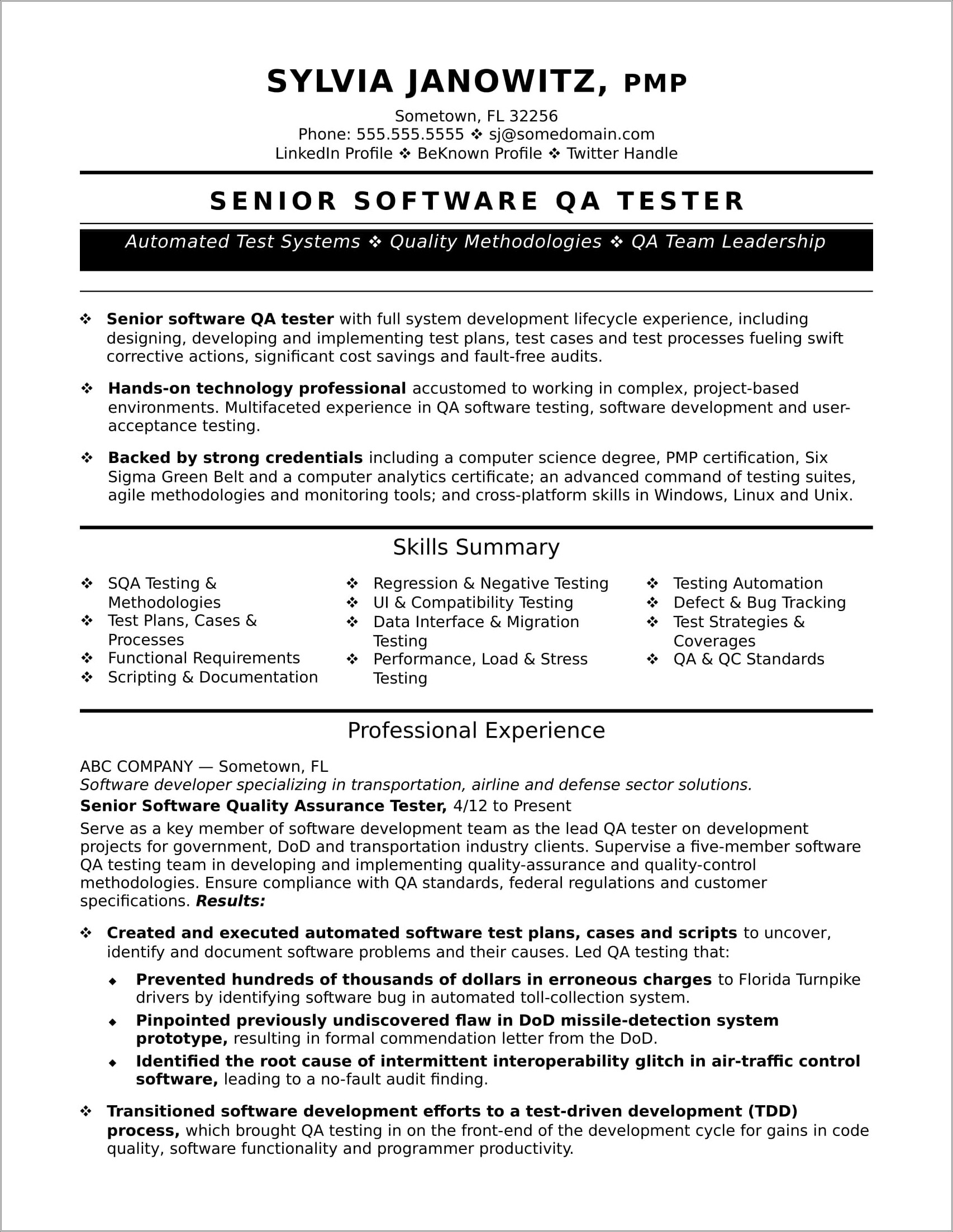 Entry Level Test Analyst Sample Resume