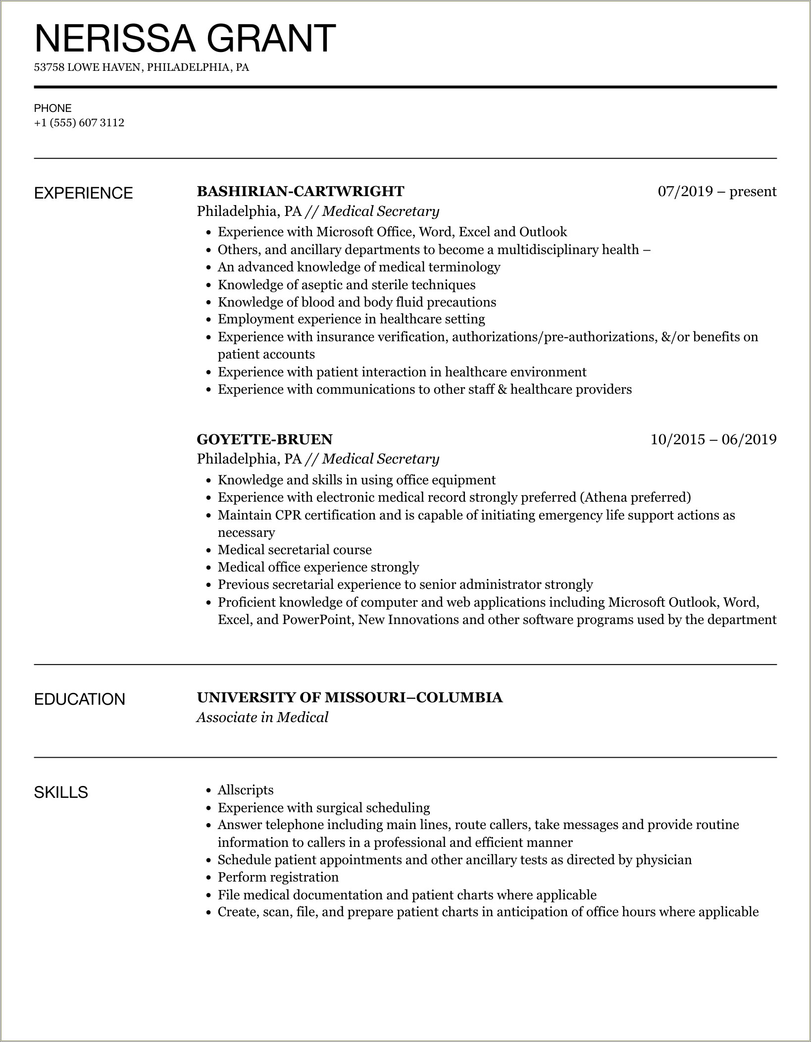 Entry Level Unit Secretary Resume Sample