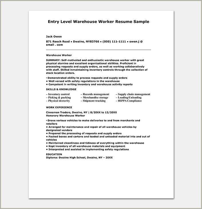 Entry Level Warehouse Worker Resume Samples