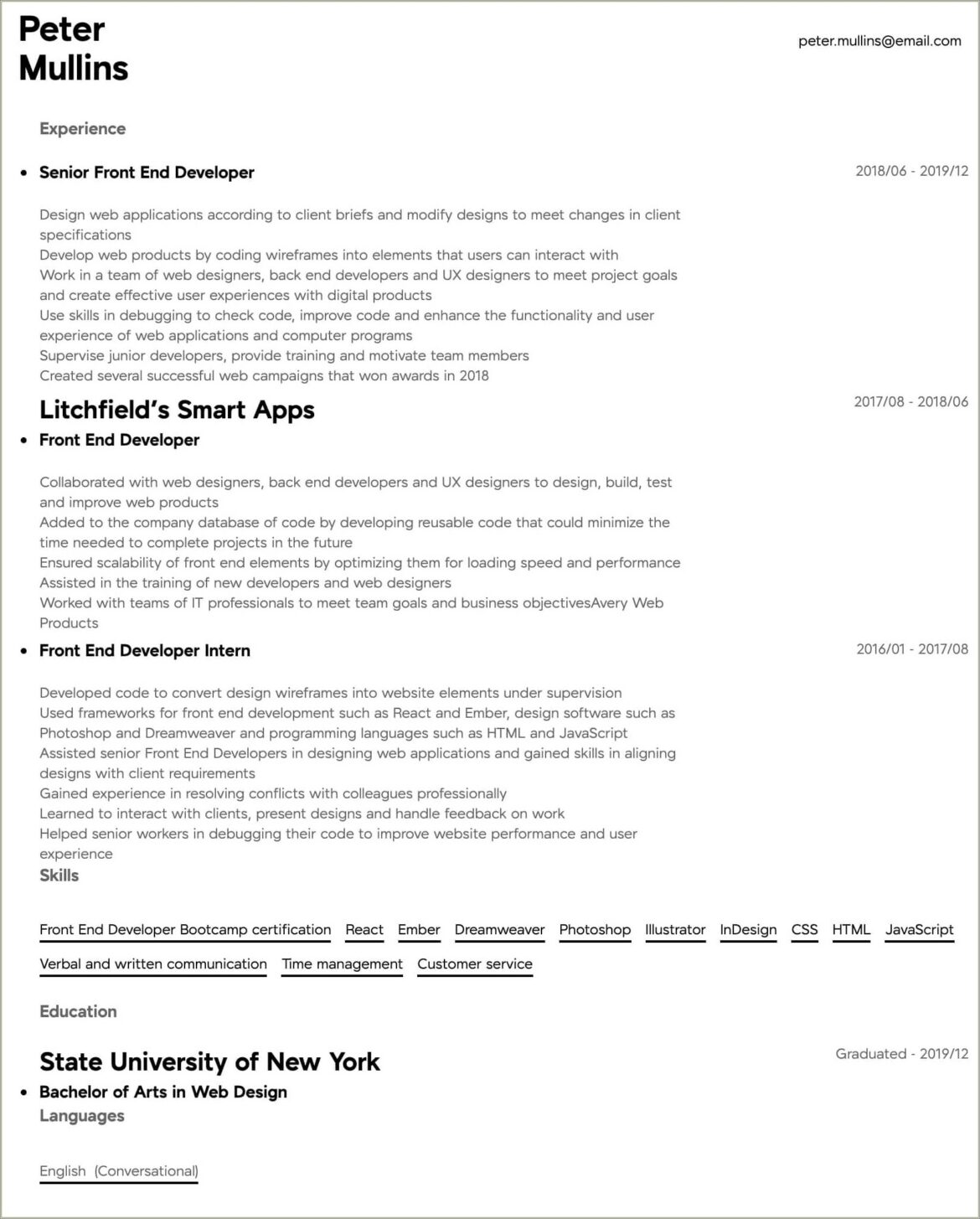 Entry Level Web Developer Resume No Experience