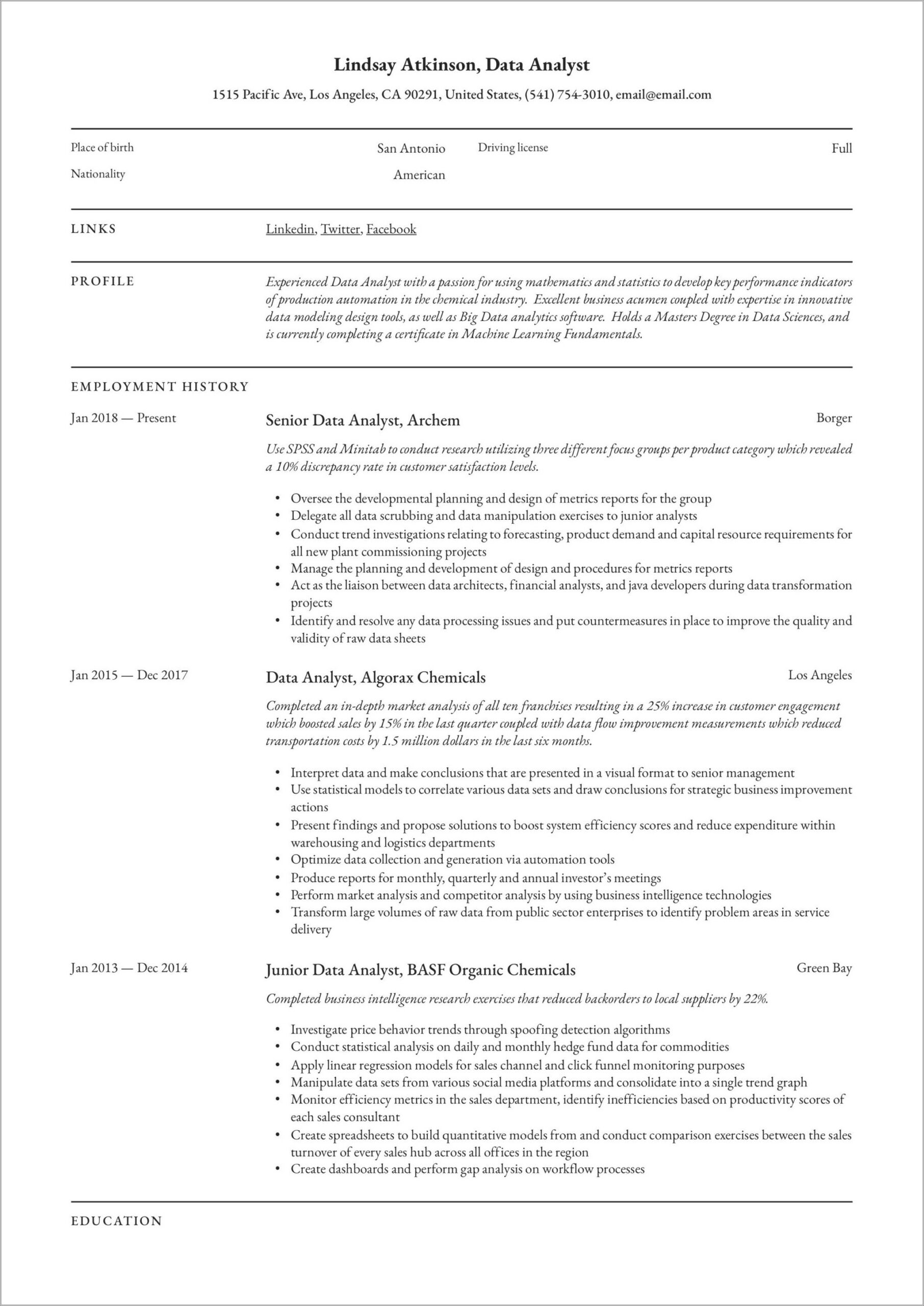 Entry Lever Data Analyst Resume Examples