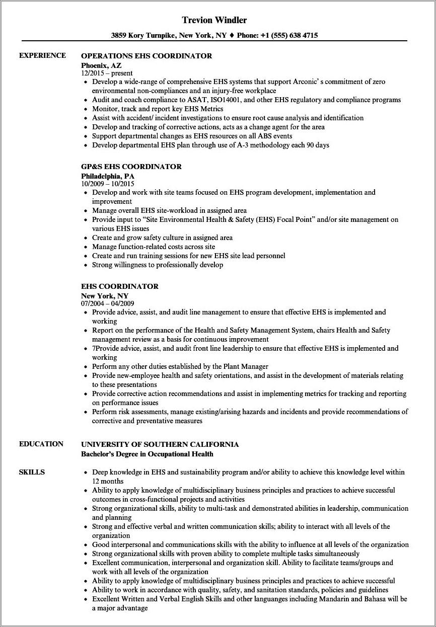 Environmental Health And Safety Resume Examples