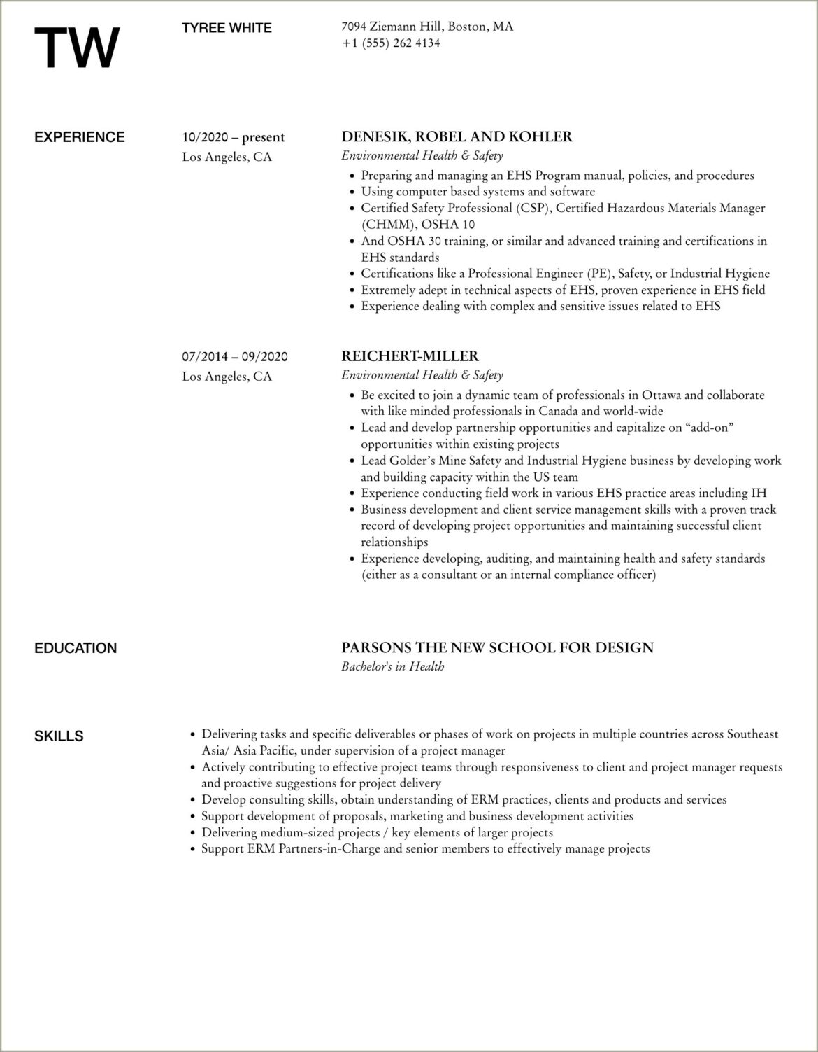 Environmental Health And Safety Resume Objective