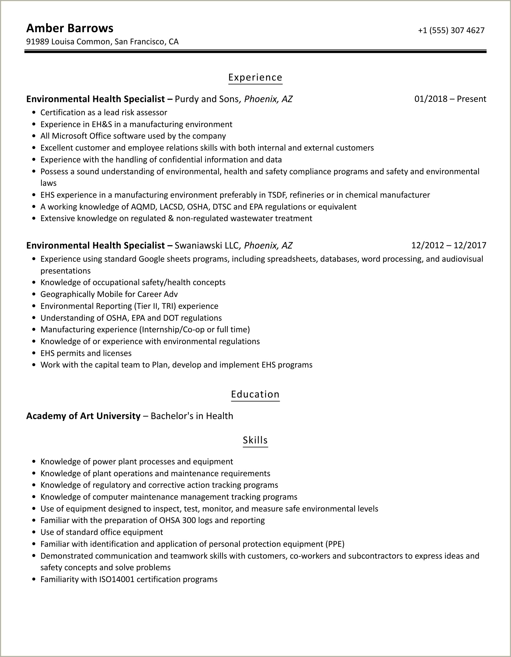 Environmental Public Health Specialist Resume Objective Example