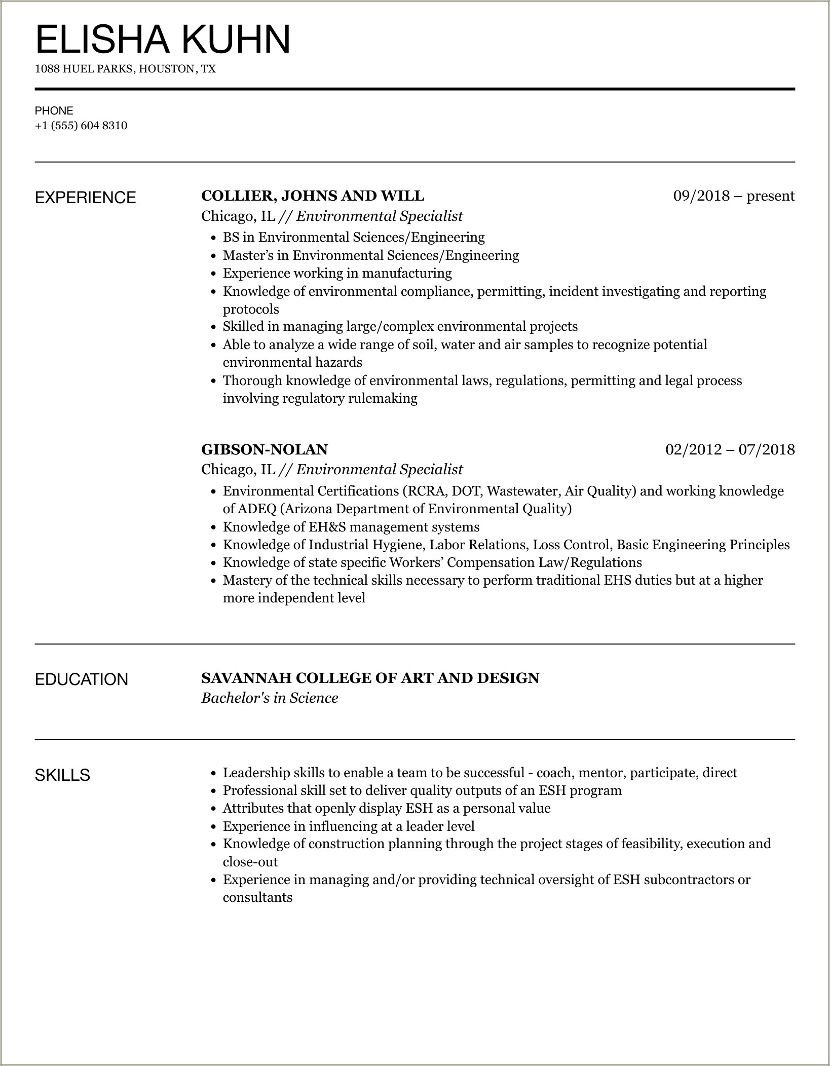 Environmental Specialist Resume Template Free Word