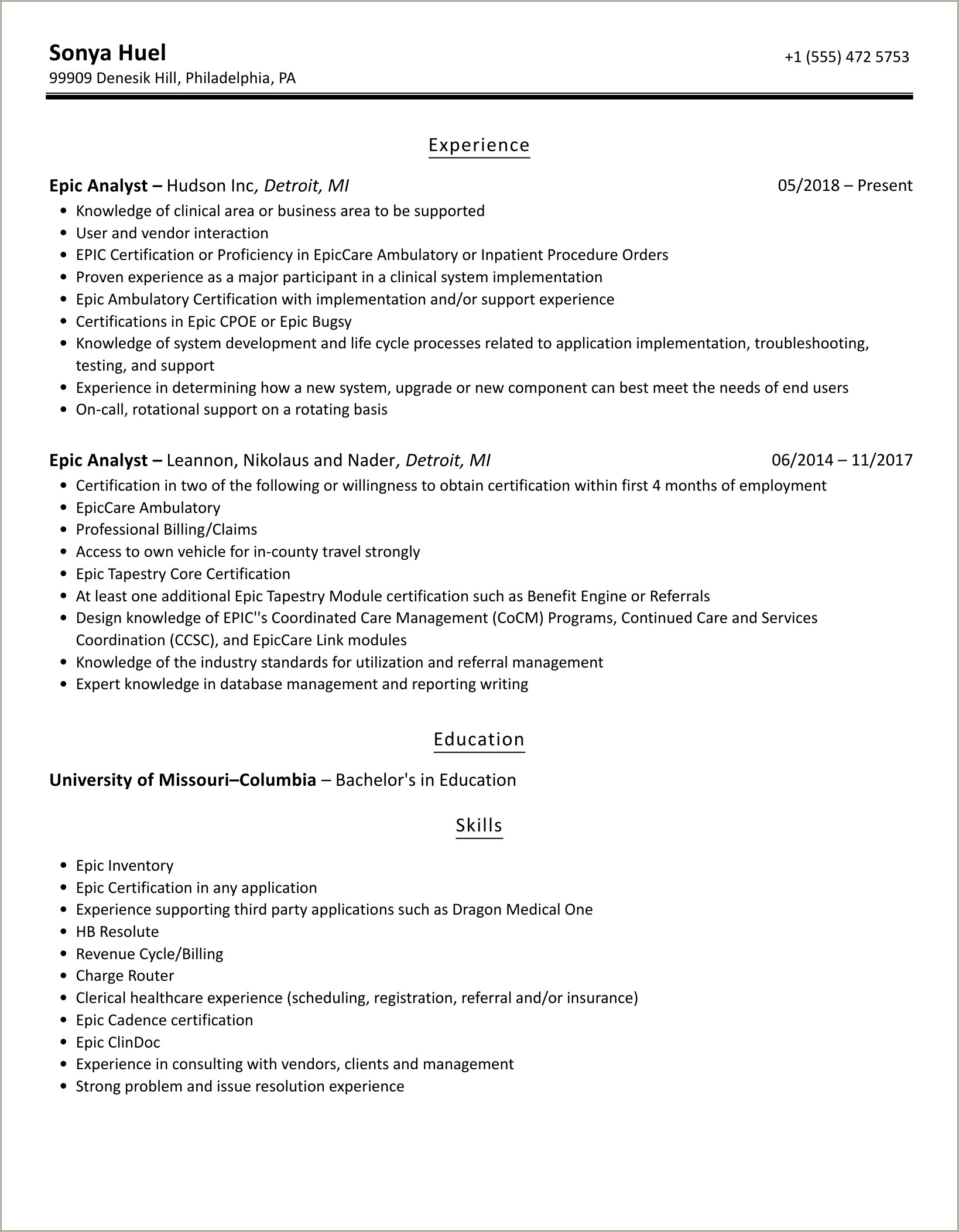 Epic System Analyst Resume No Experience