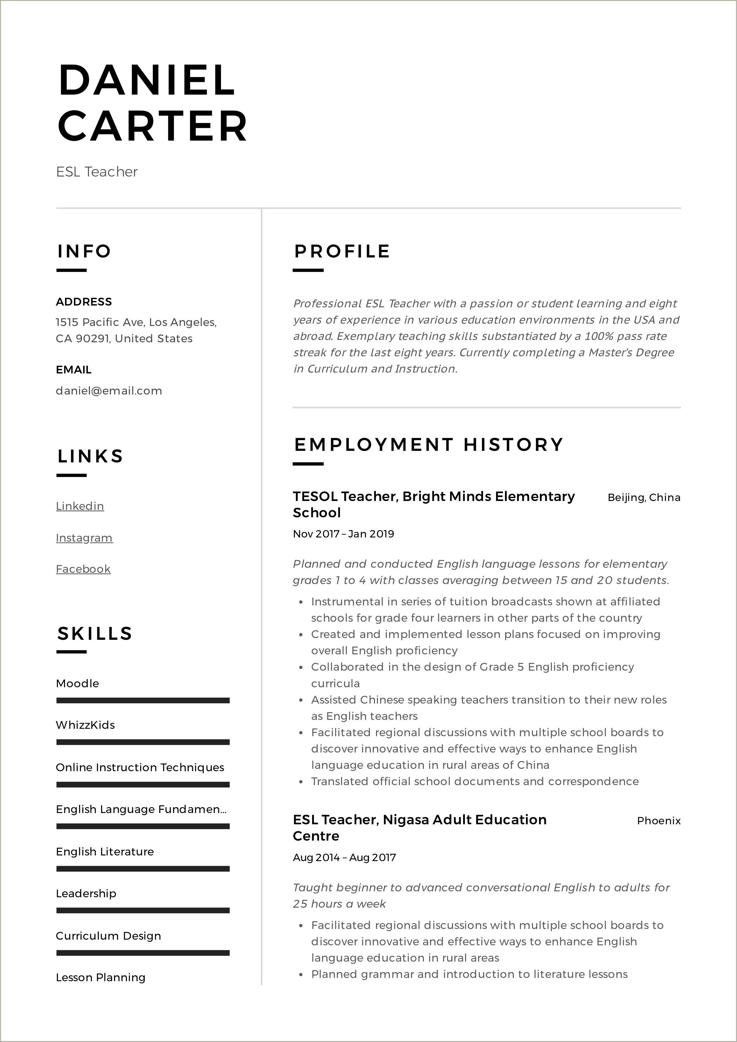 Esl Teacher Job Description For Resume