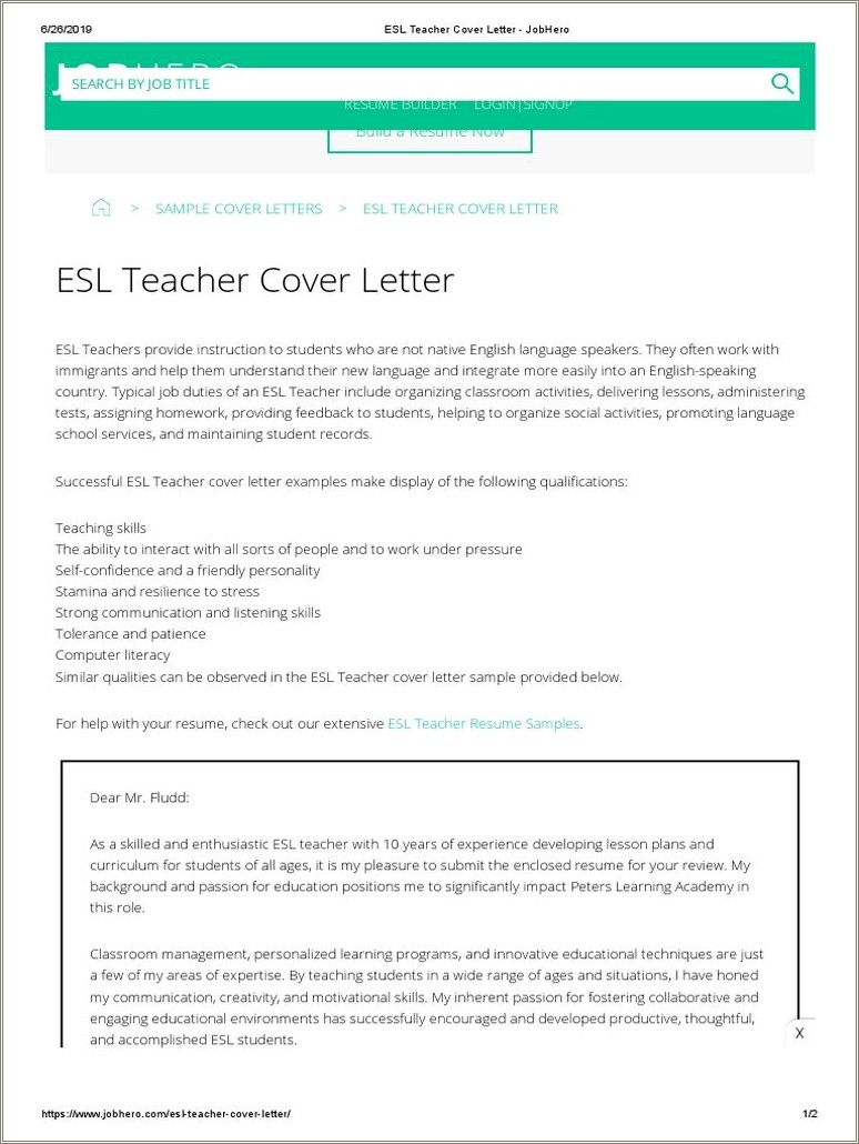 Esl Teacher Resume And Cover Letter