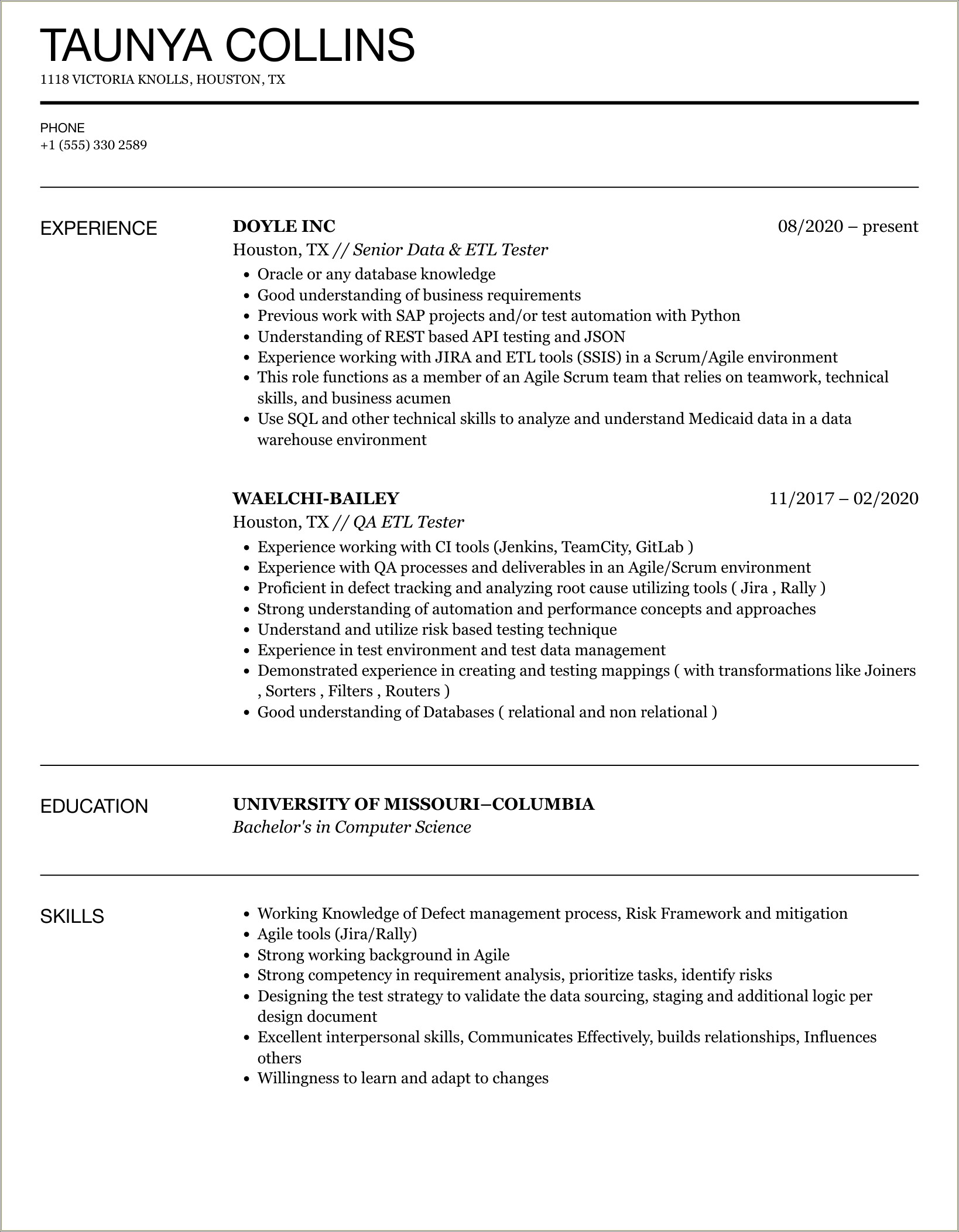 Etl Tester Resume With Work Description