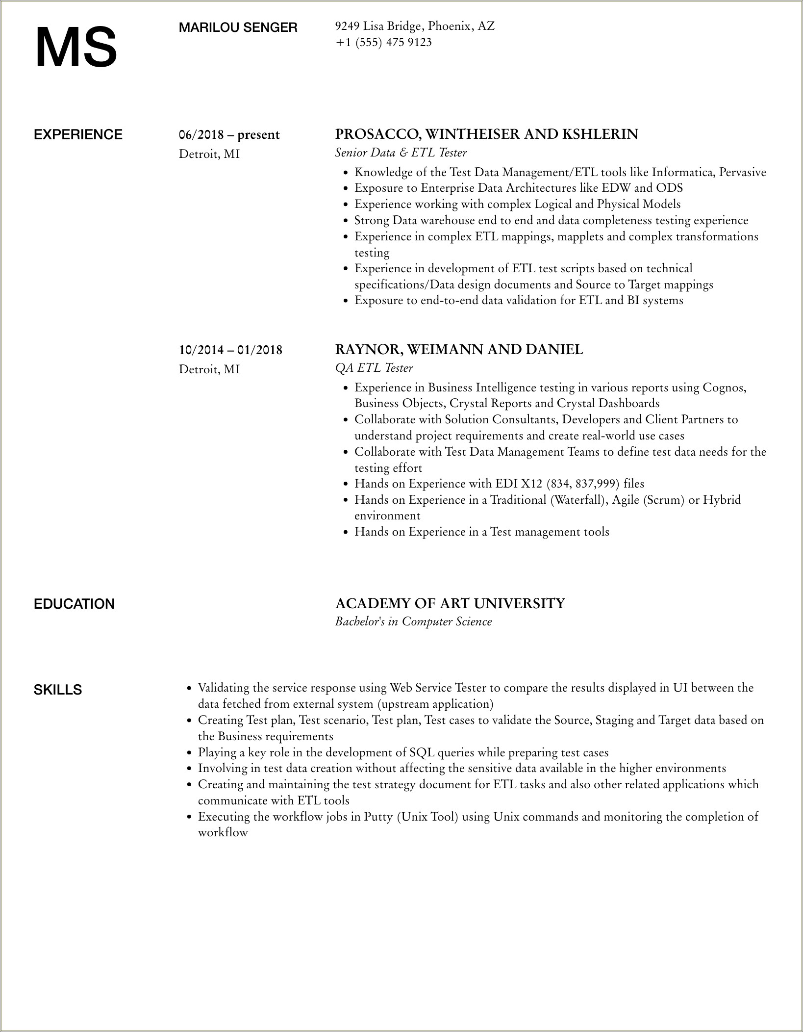 Etl Testing Resume Work Experience Description