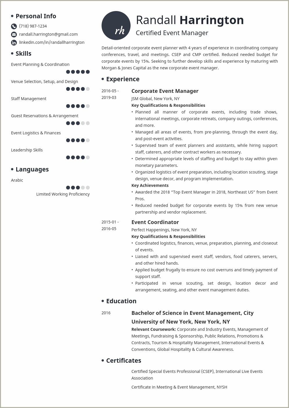 Event Manager Job Description For Resume
