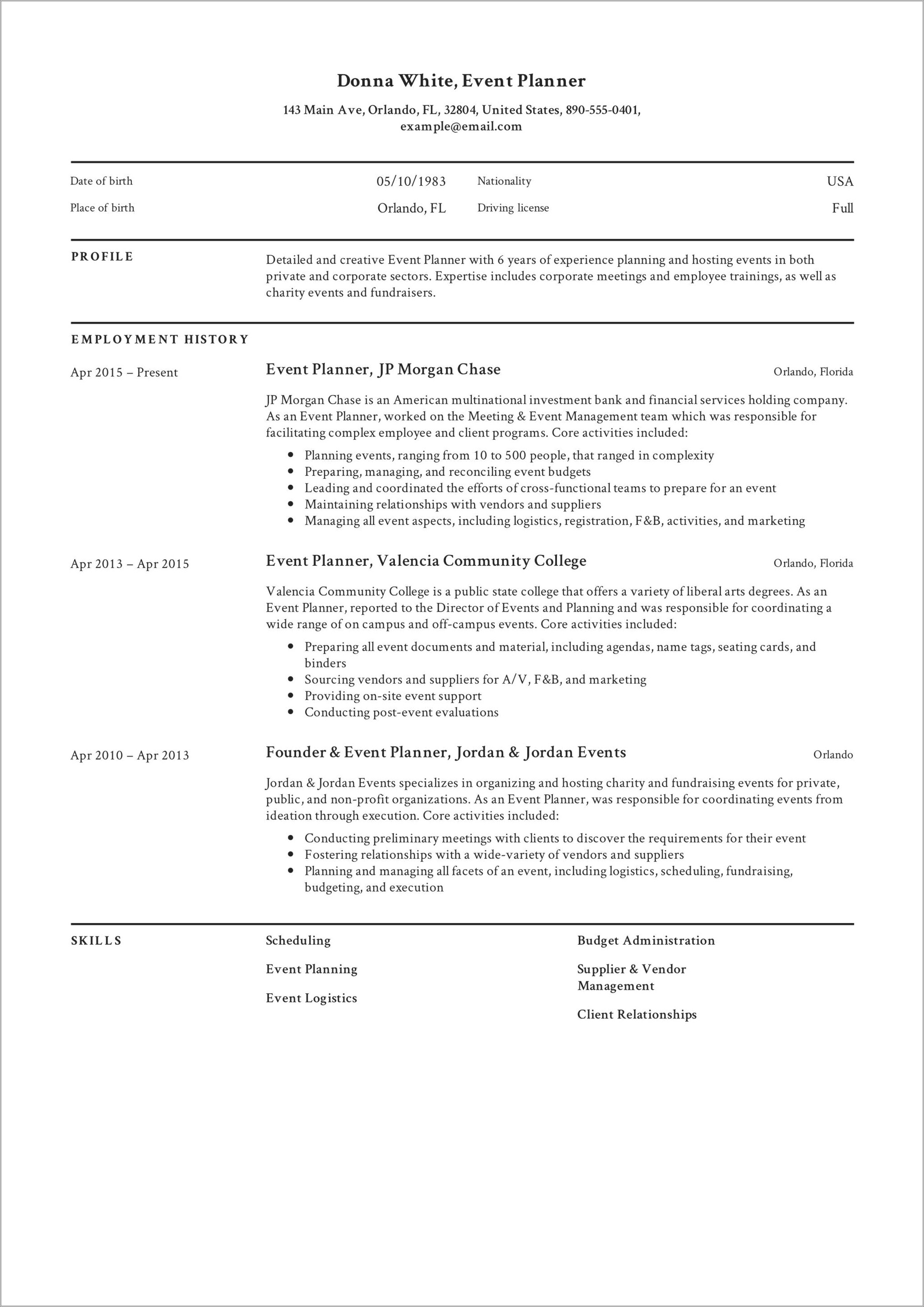 Event Planning Resume Samples That Are Free