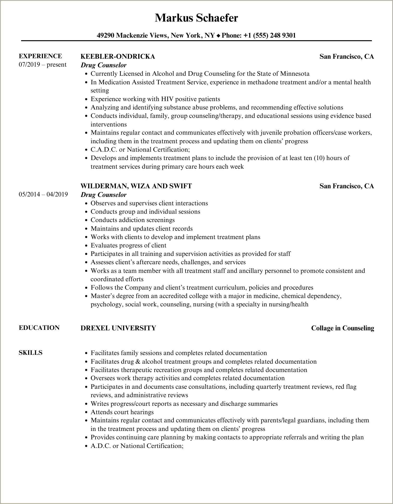 Example Clinical Substance Abuse Counselor Resume