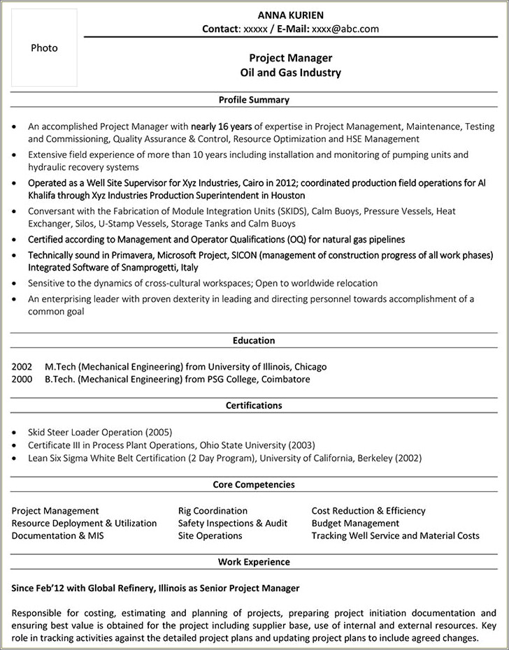 Example Construction Project Manager Resume Entry Level
