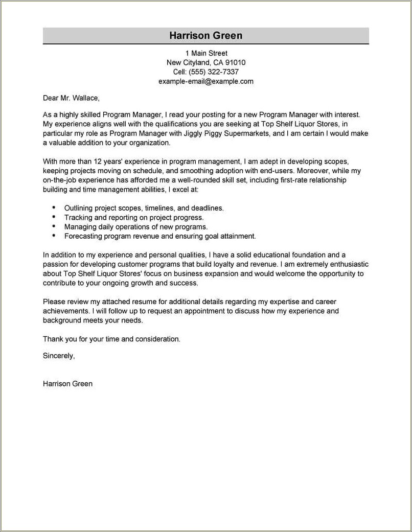 Example Cover Letter For Resume Construction