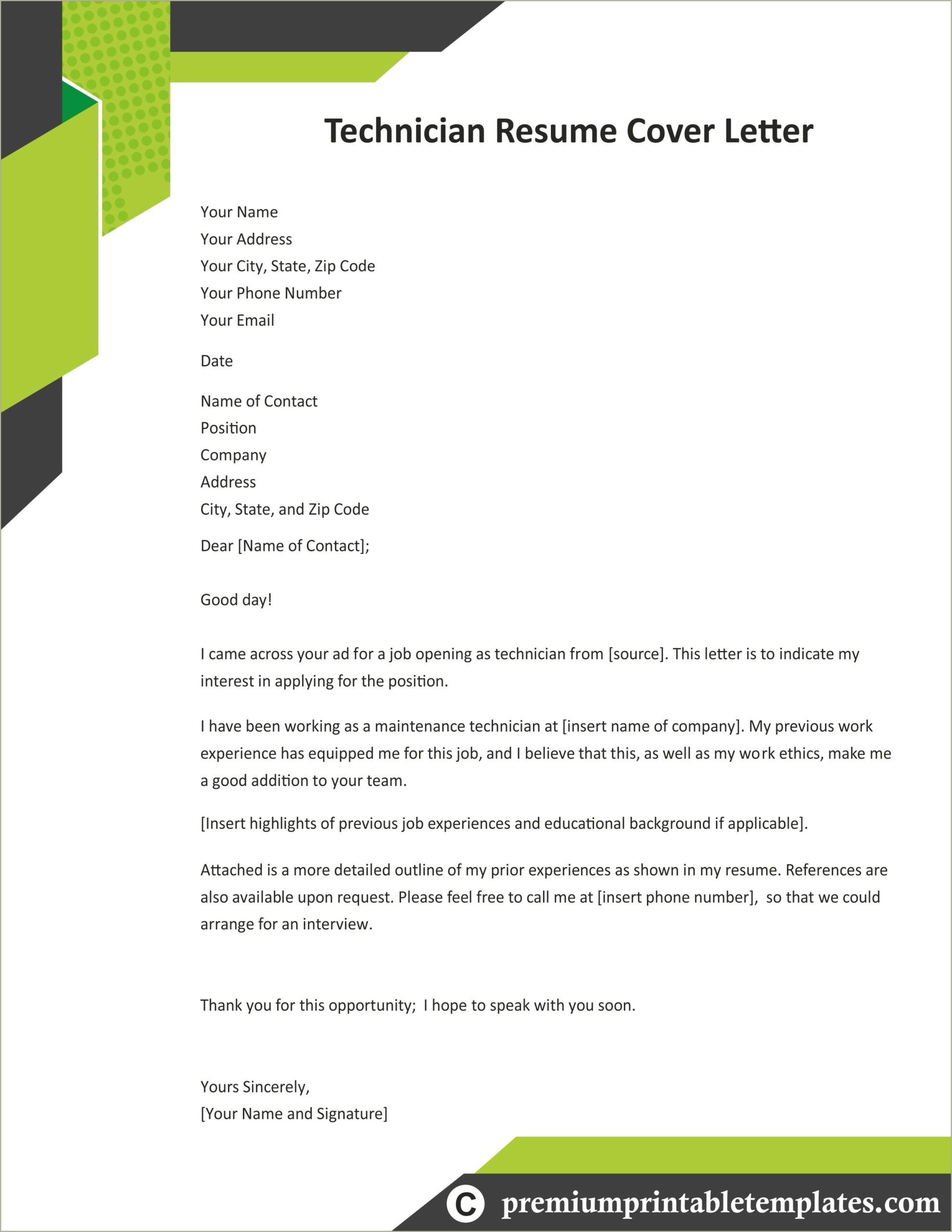 Example Cover Letter For Resume For Maintenance Technician