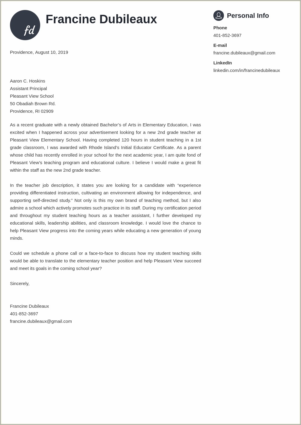 Example Cover Letter For Resume Teacher