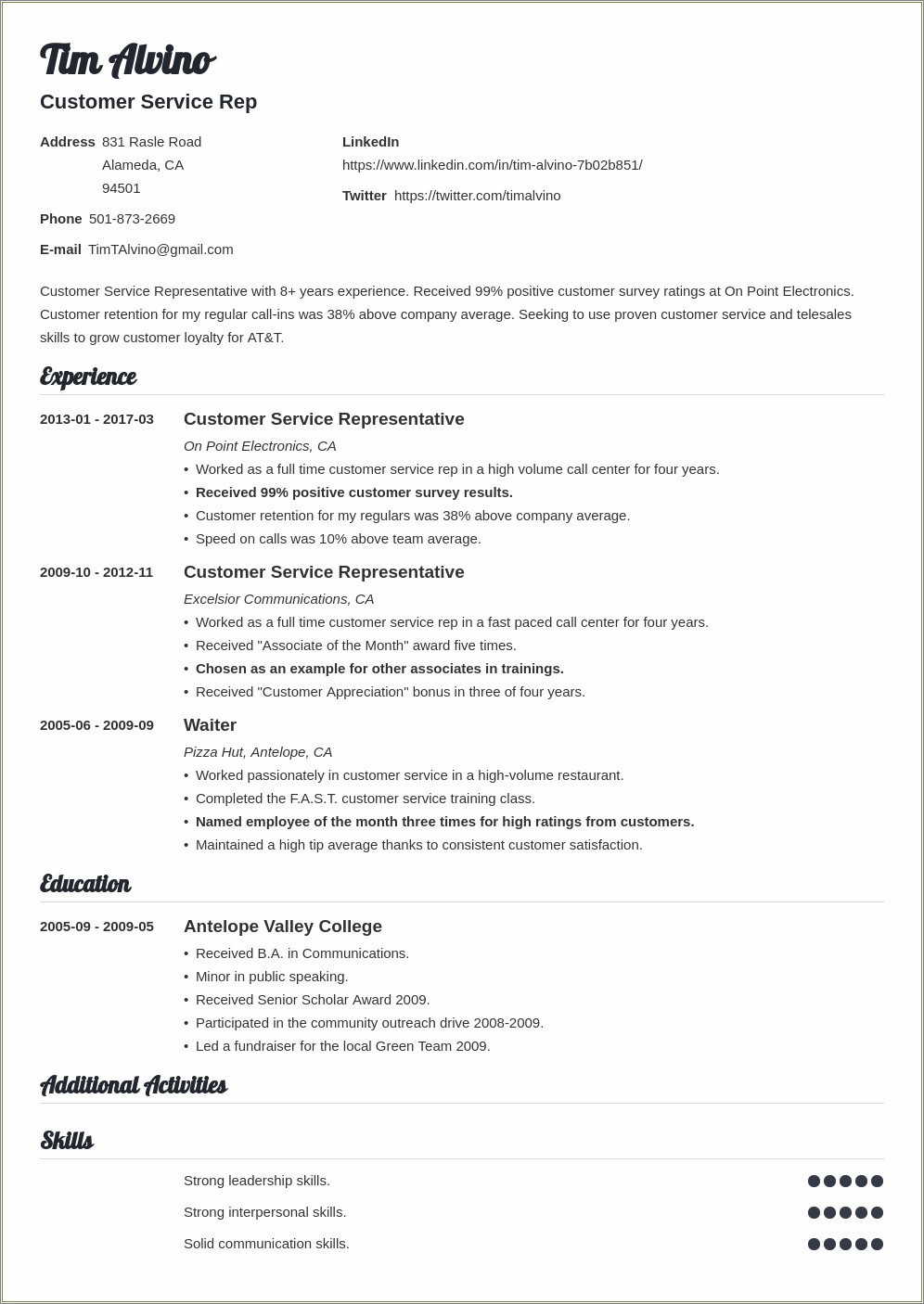 Example Customer Service Resume Objective Or Summary