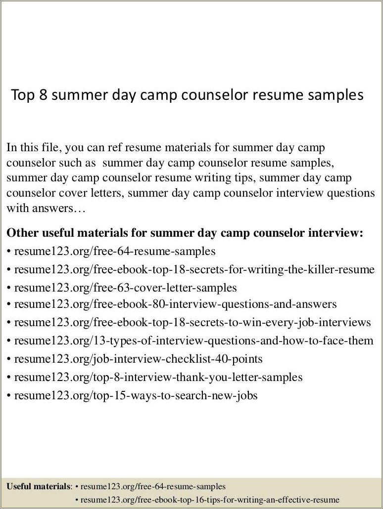 Example Description For Camp Counselor On Resume