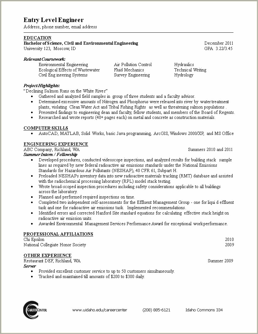 Example Engineer Resume Entry Level