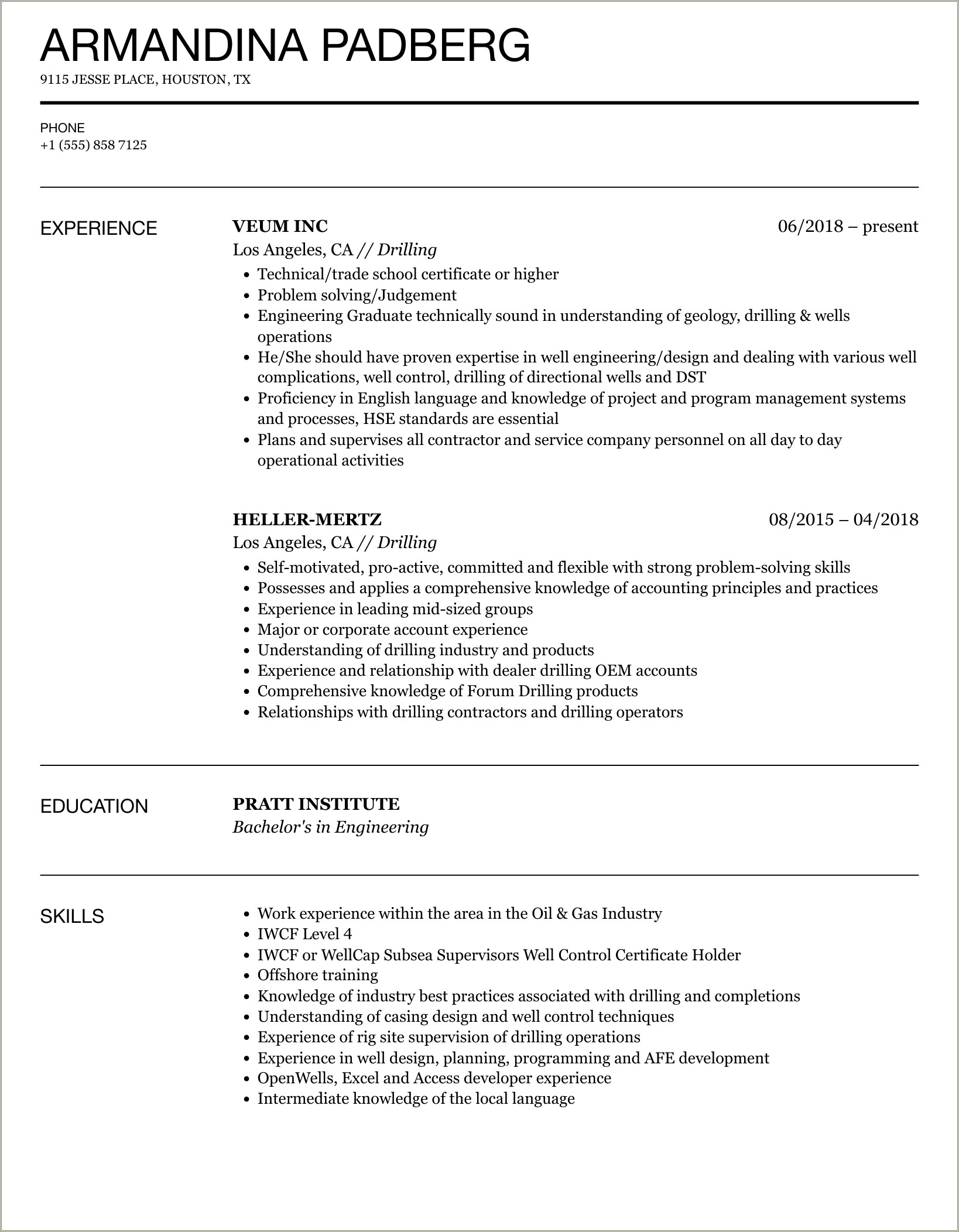 Example For A Resume For Drilling Rig Company
