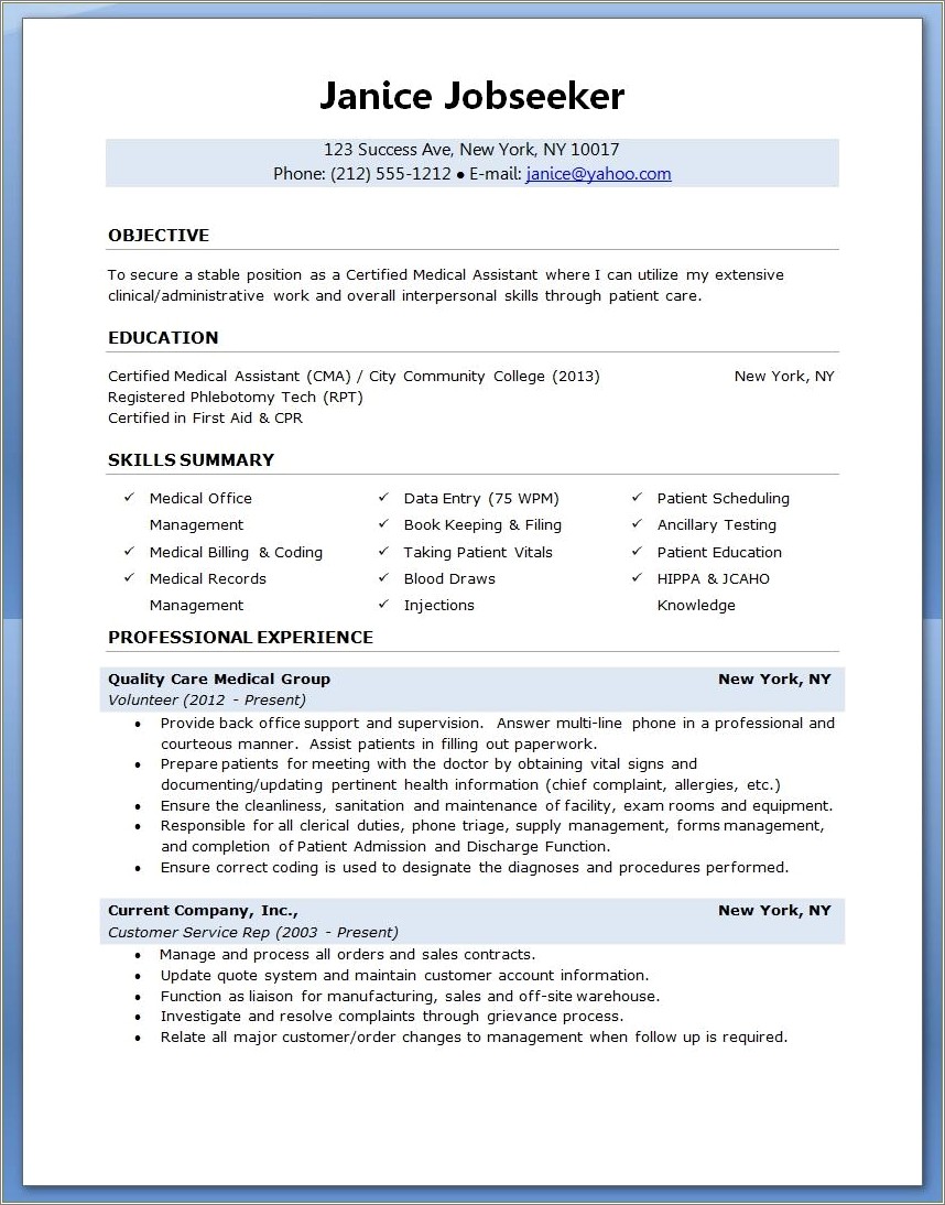 Example For A Resume For Medical Assitance