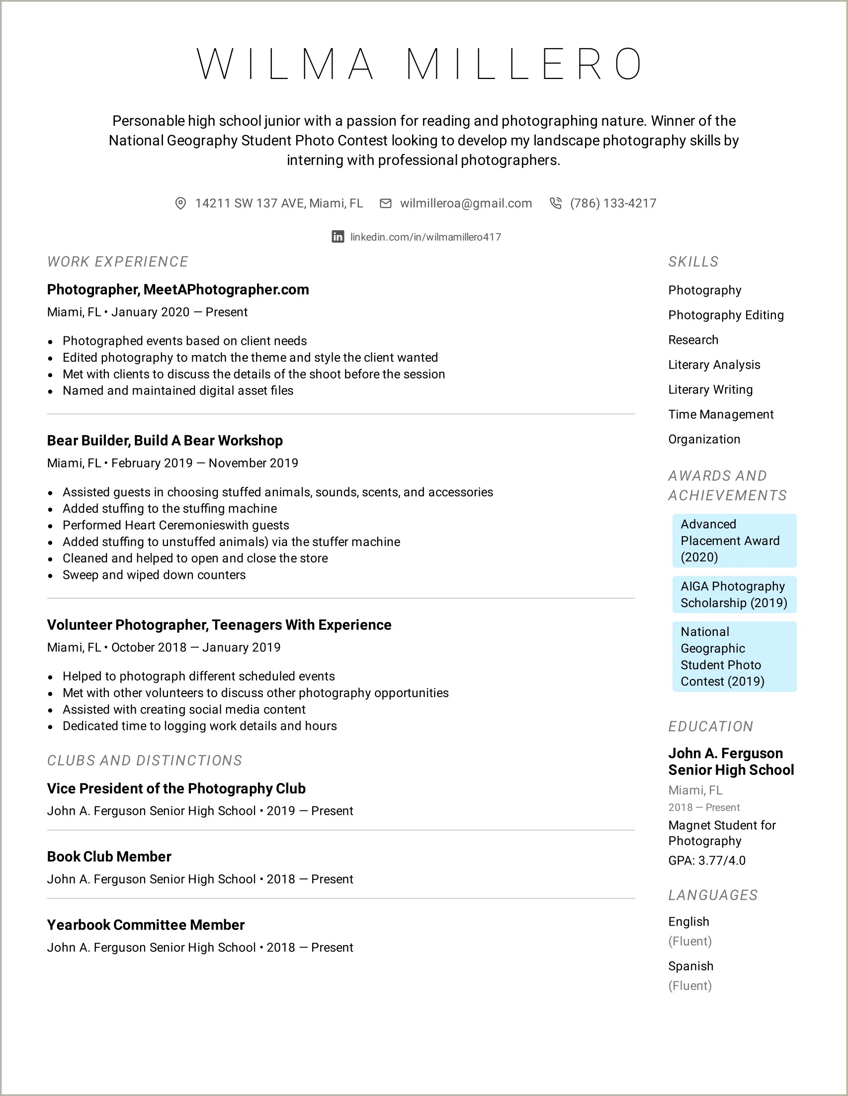 Example For Resume Summary For High School Students