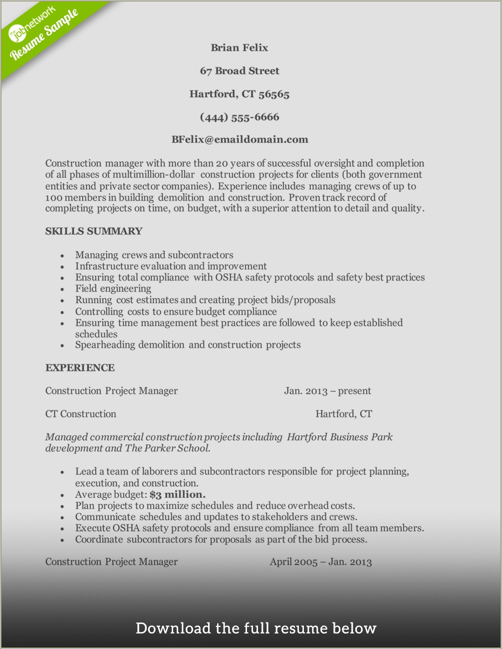 Example Framers Resume For Construction Job