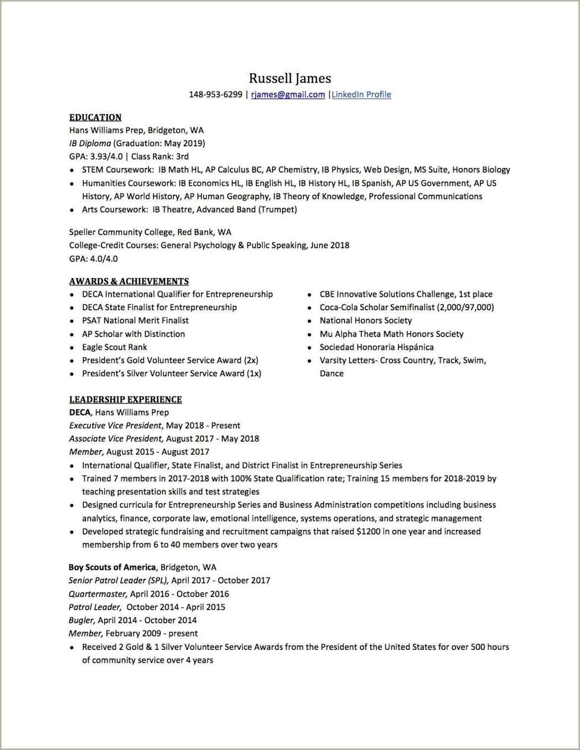 Example High School Honor Roll Student Resume