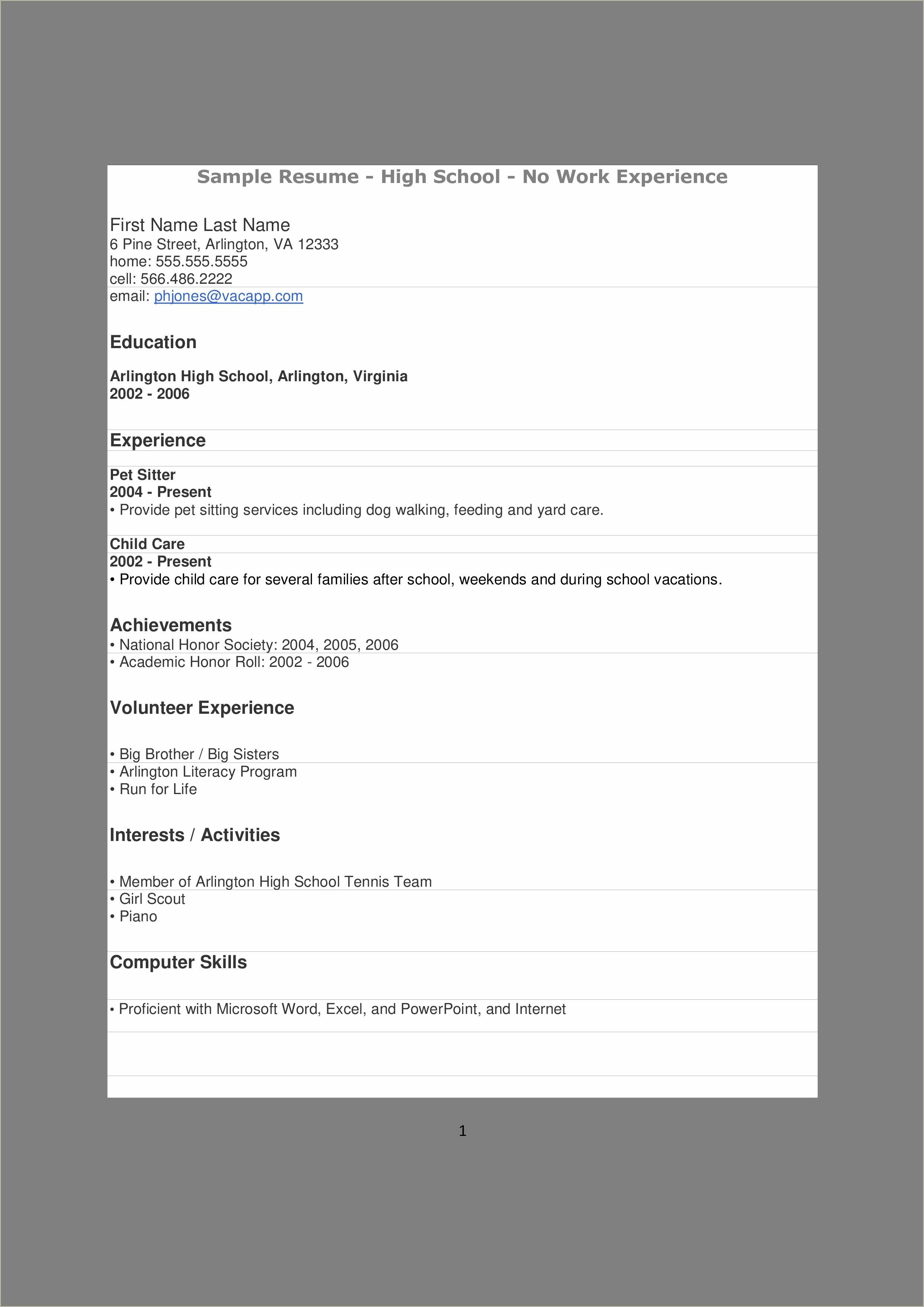 Example High School Student Resume No Experience