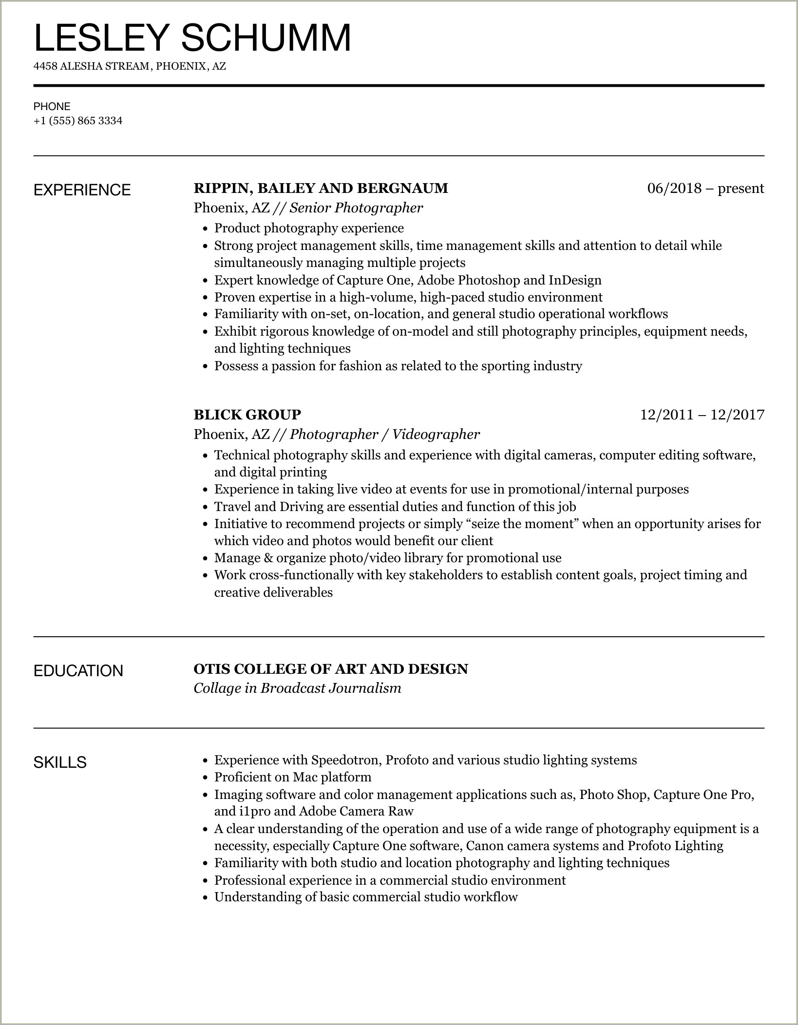 Example Light And Arry Phootgrapher Resumes