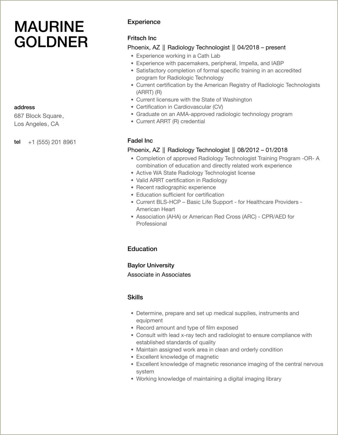 Example New Graduate Radiologic Technologist Resume