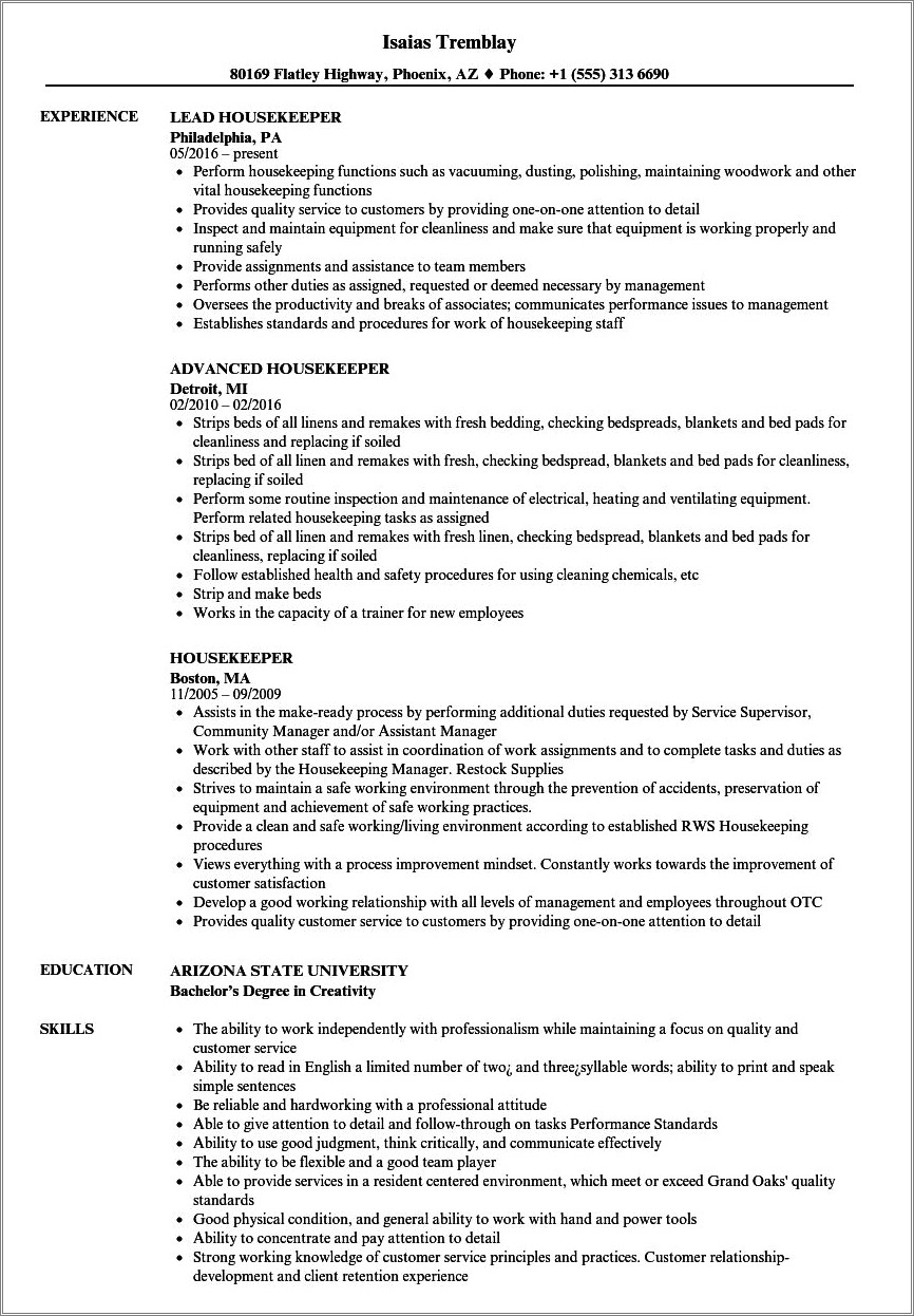 Example Non Experience Resume For Houskeeper