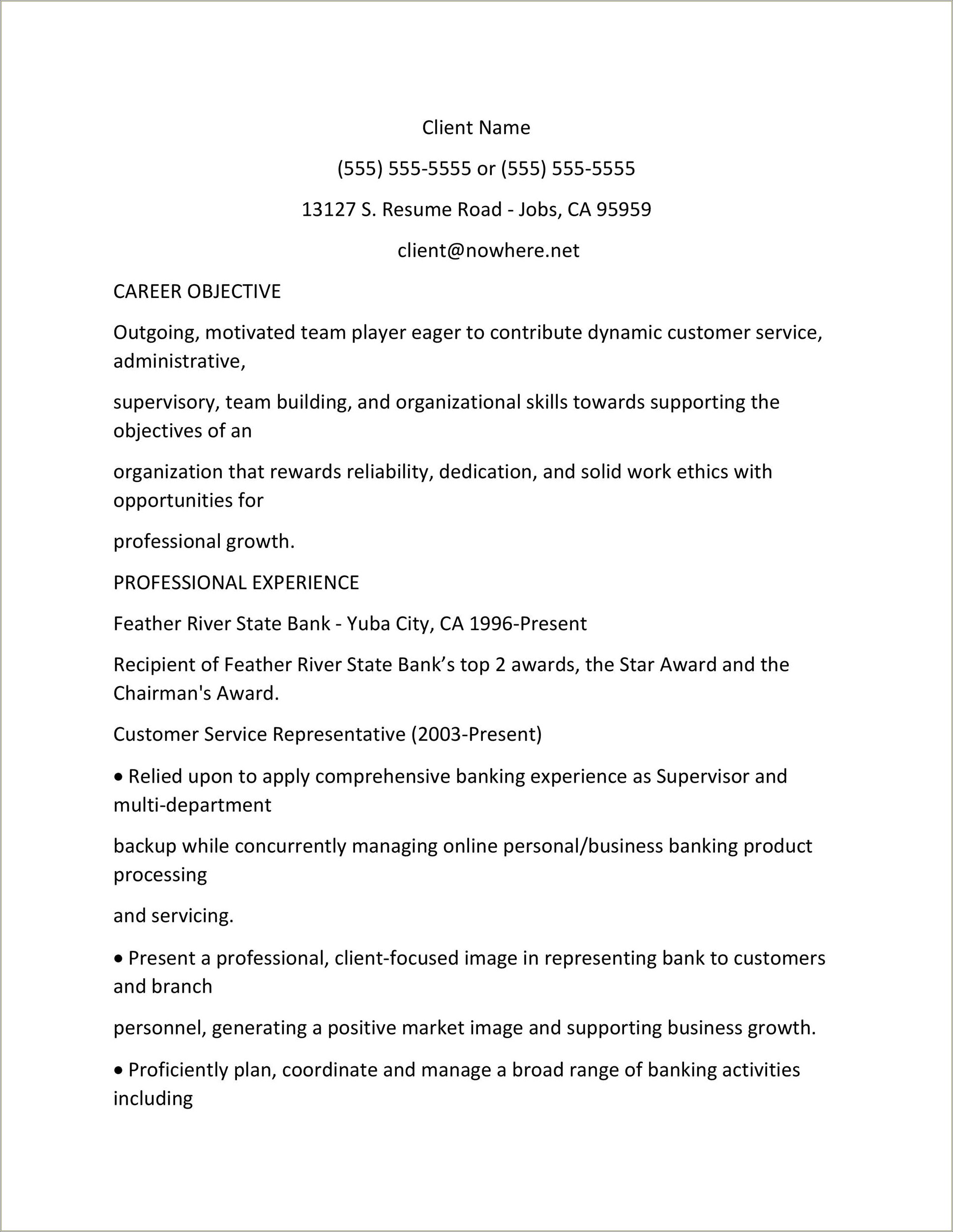 Example Objective For Customer Service Resume