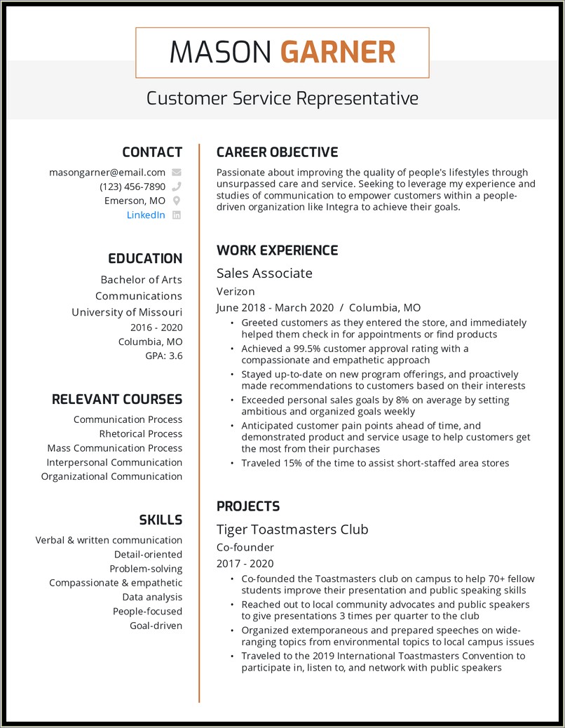 Example Objective In A Resume For Customer Support
