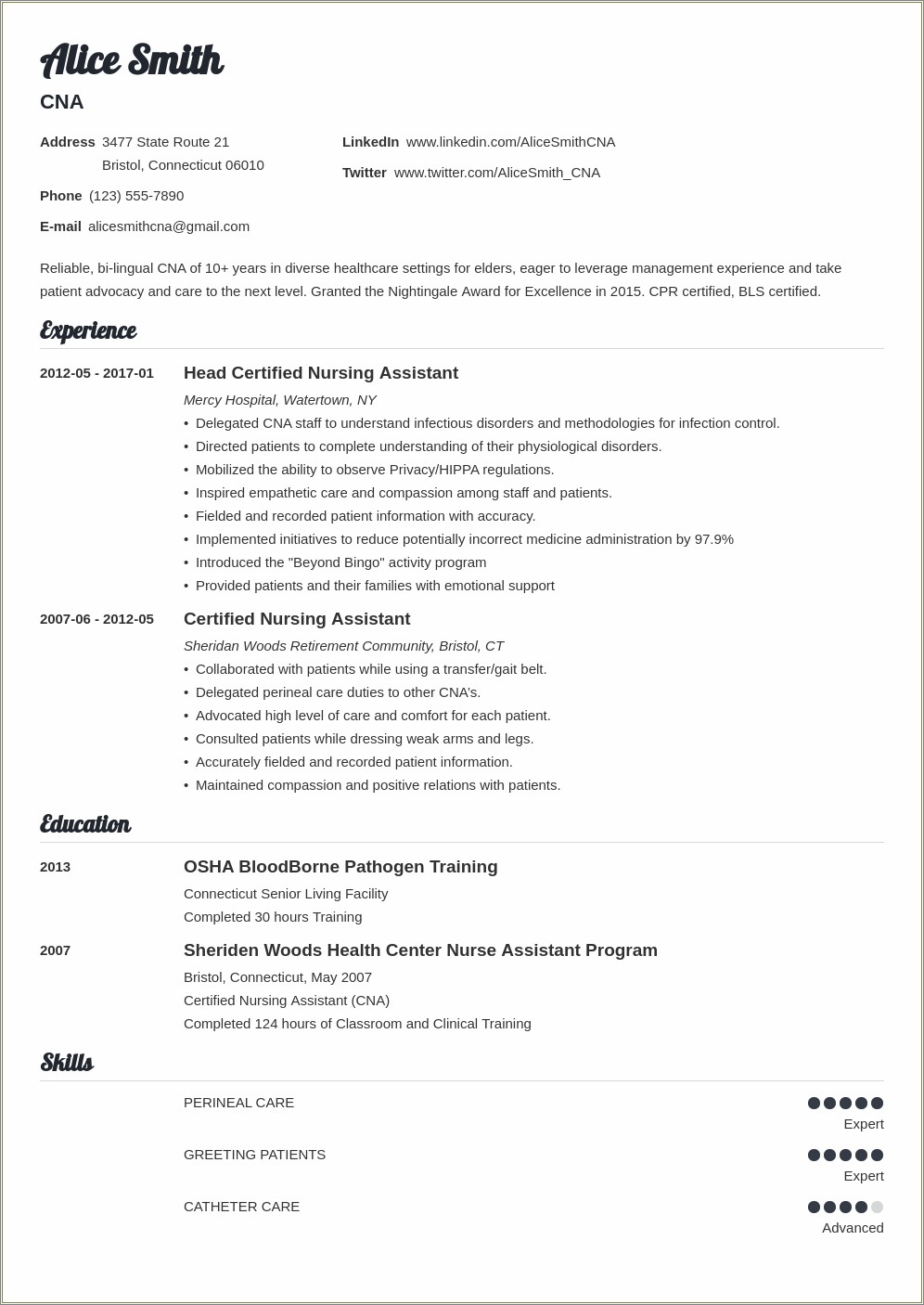 Example Of A Begining Cna Resume