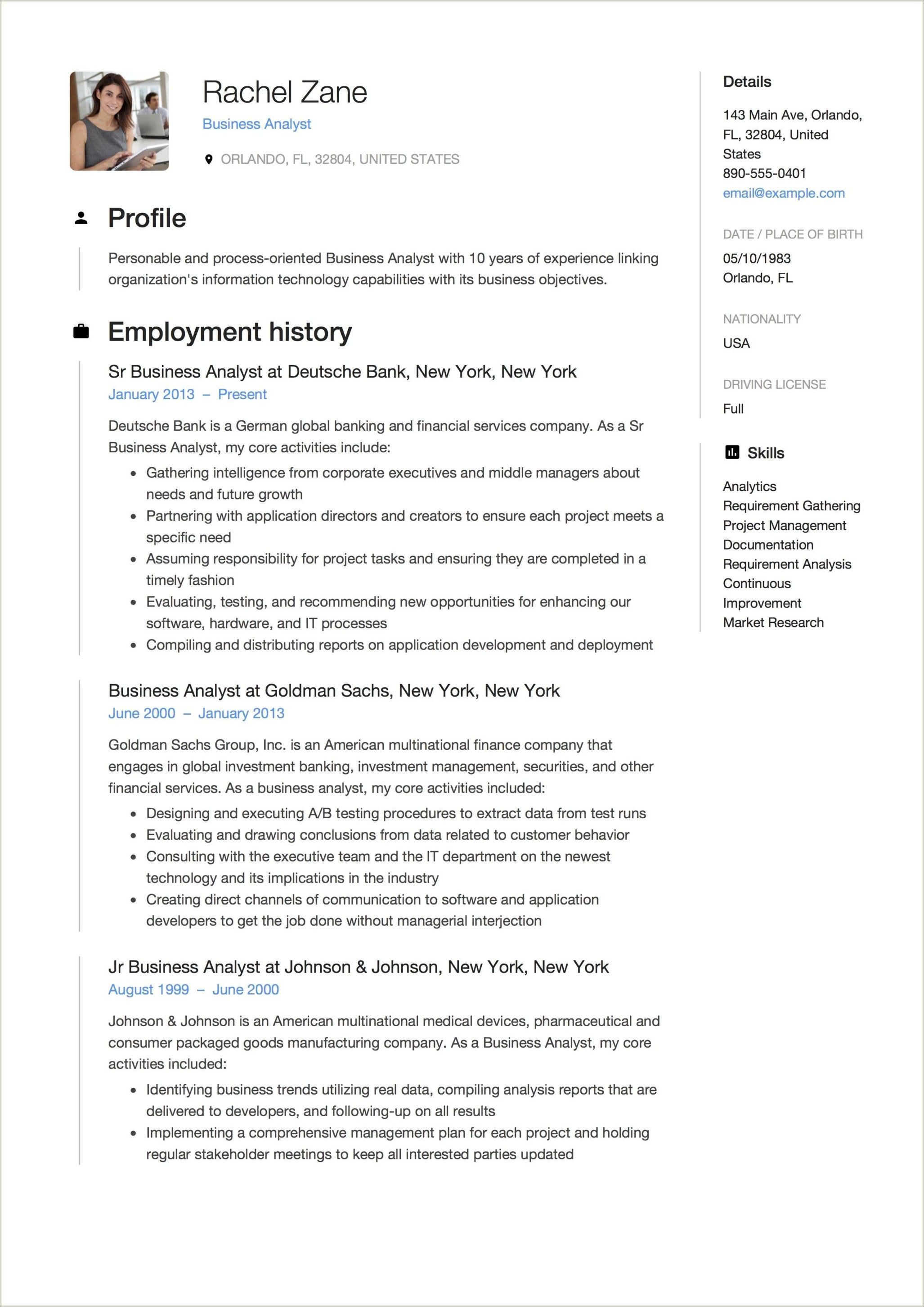 Example Of A Business Analyst Resume