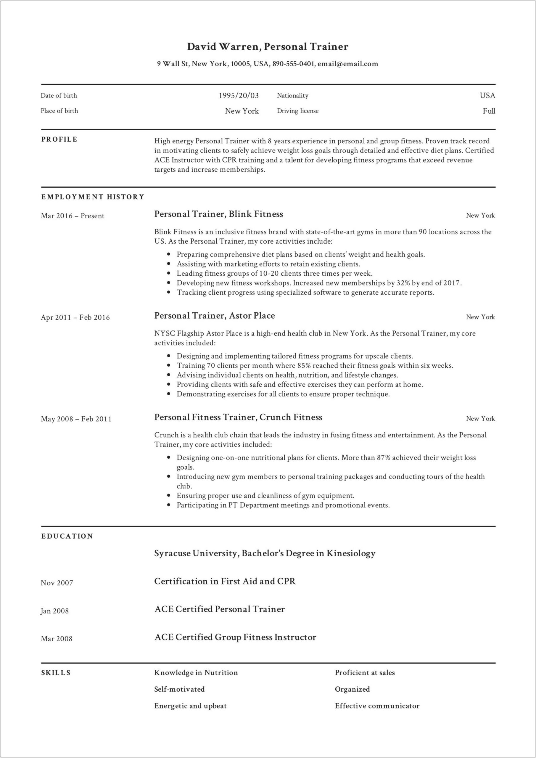 Example Of A Certified Personal Trainer Resume