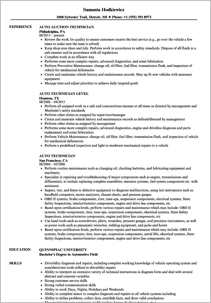 Example Of A Collision Repair Resume