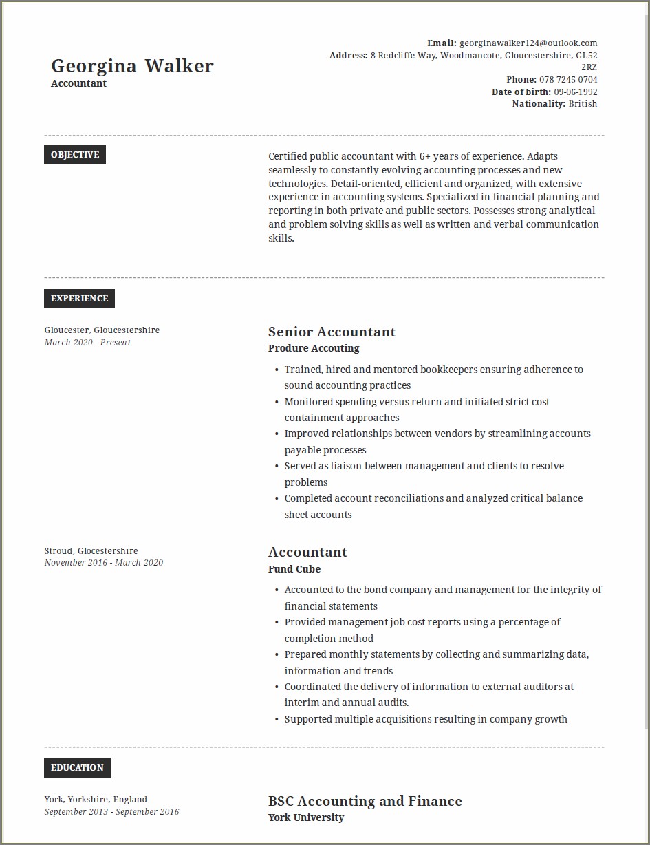 Example Of A Completed Simple Resume Template