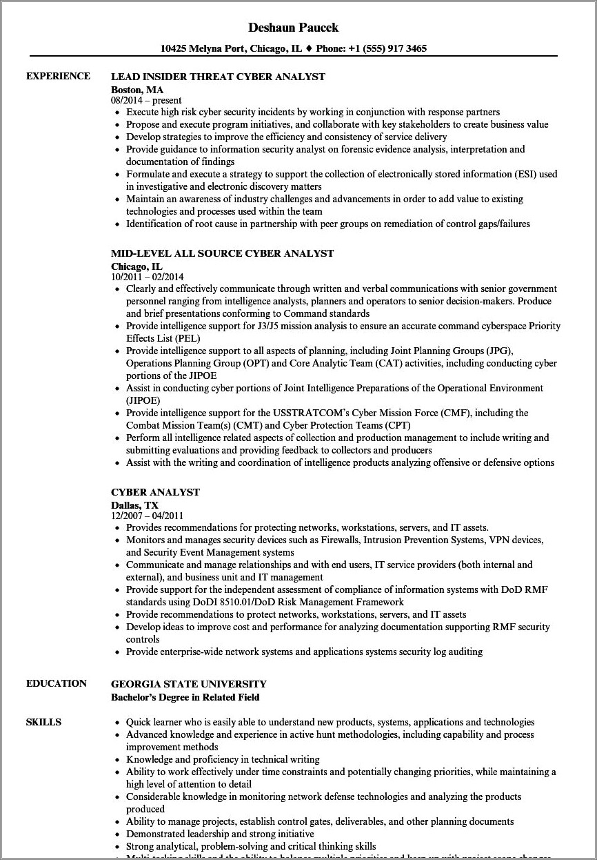 Example Of A Cyber Forensic Analyst Resume