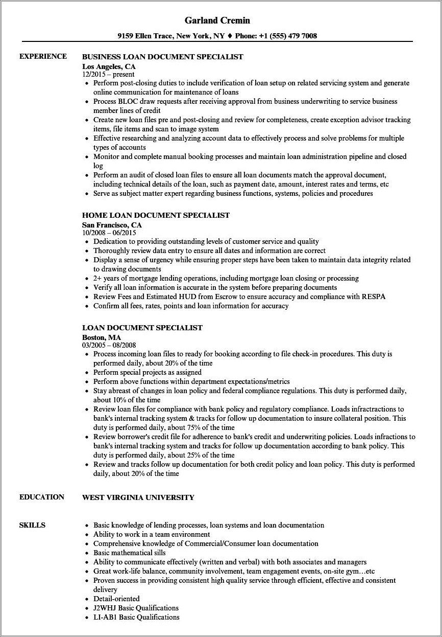 Example Of A Documentation Specialist Resume